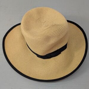 C.C Exclusives Women Tan Straw Sun Hat Wide Brim Black Ribbon Trim Vacay Size L